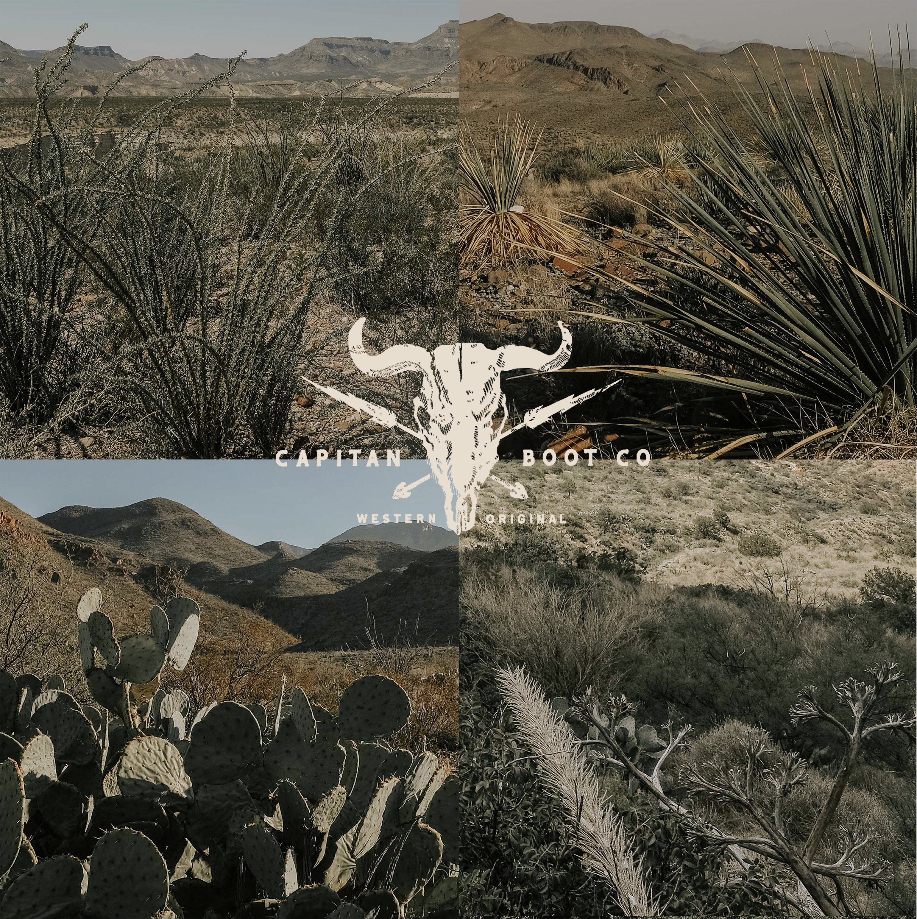 Four-panel West Texas landscape collage with the Capitan Boot Co. cattle skull lockup centered across the seam