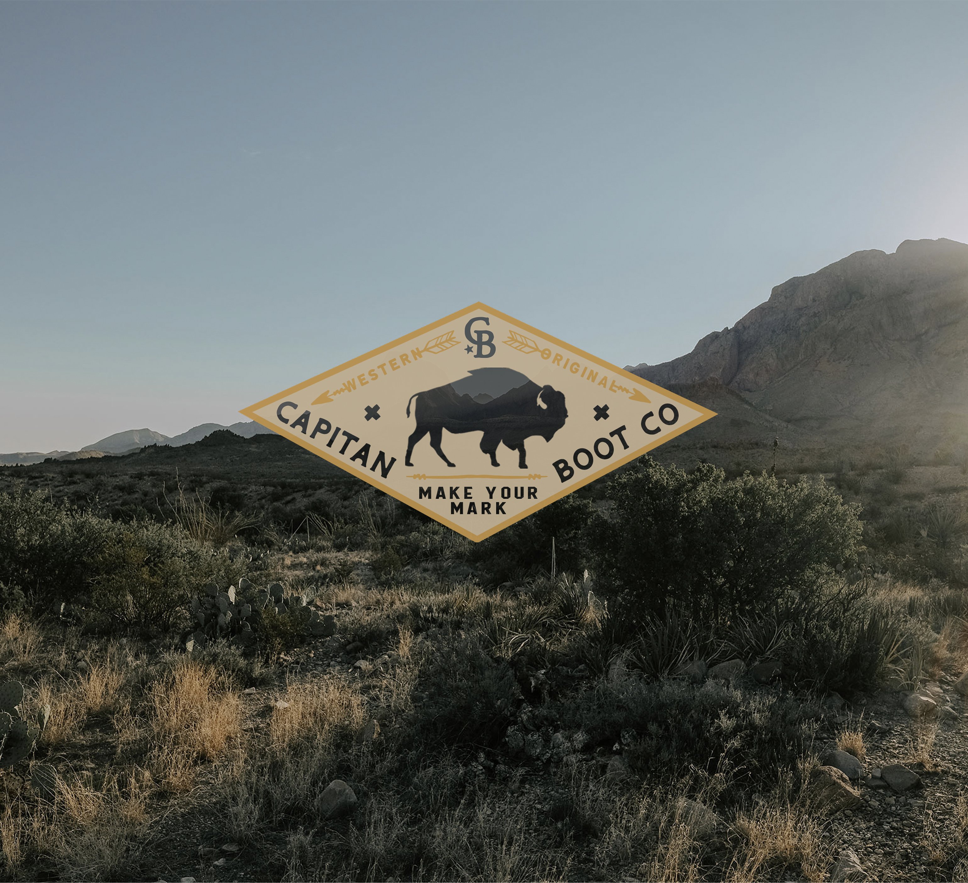 Capitan Boot Co. diamond badge logo with bison and Western Original lockup, set over Big Bend desert landscape at golden hour