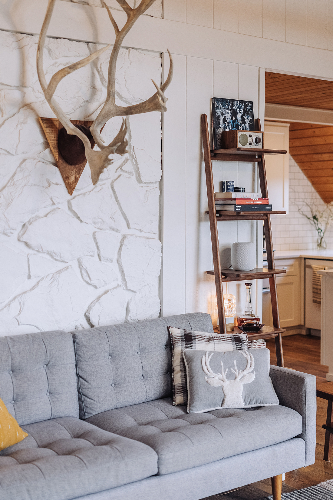 Closer detail of the tufted gray sofa with a stag-print pillow, walnut leaning ladder shelf with books and a speaker, against the painted stone wall