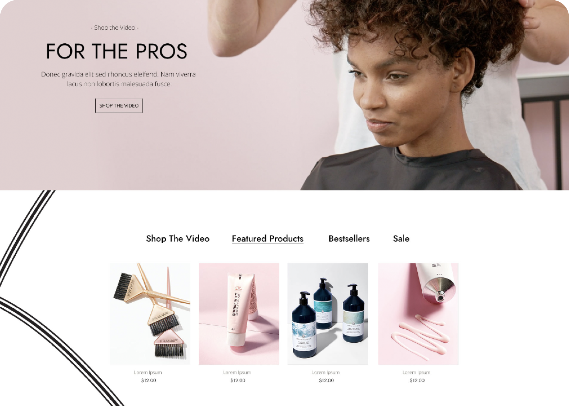 For The Pros shoppable video module with tabbed product recommendations: Shop The Video, Featured Products, Bestsellers, Sale