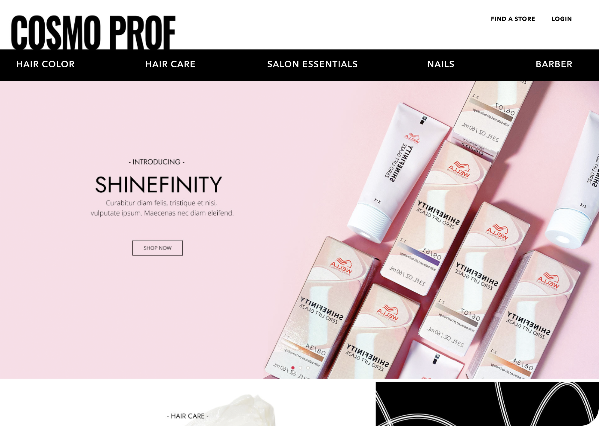 Cosmo Prof homepage with stripped global header, Shinefinity launch hero, and product mockup at right