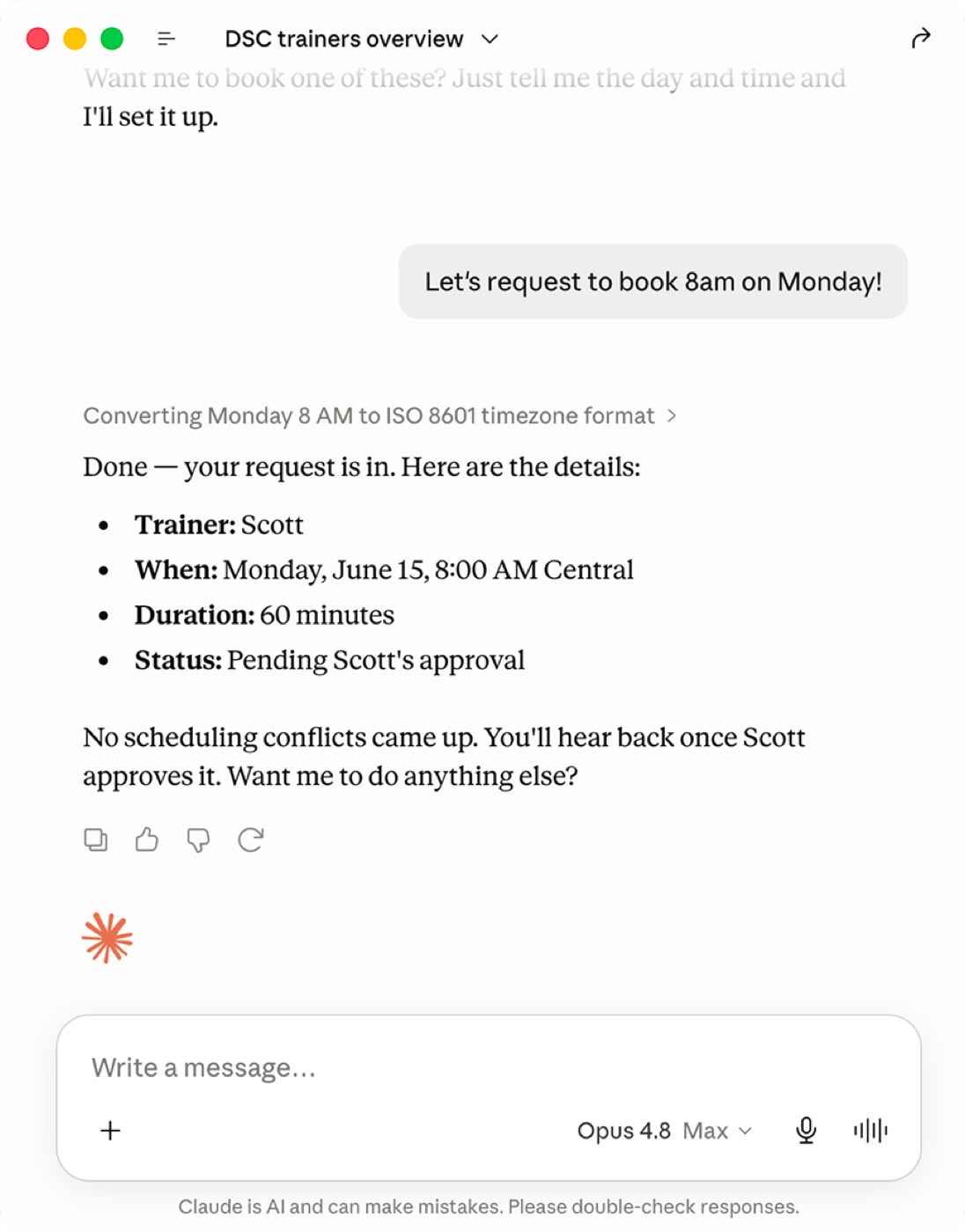 Claude confirming a booking request, pending the trainer's approval