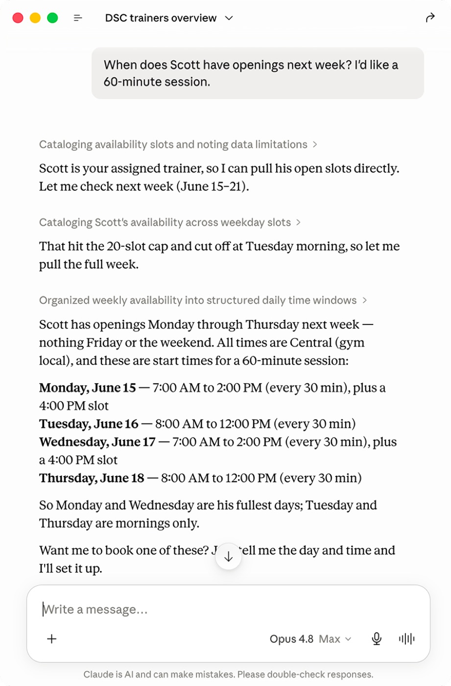 Claude listing Scott's real availability for the week through the DSC tools