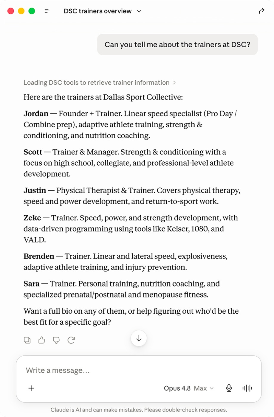 Claude listing every DSC trainer and their specialties through the connected tools
