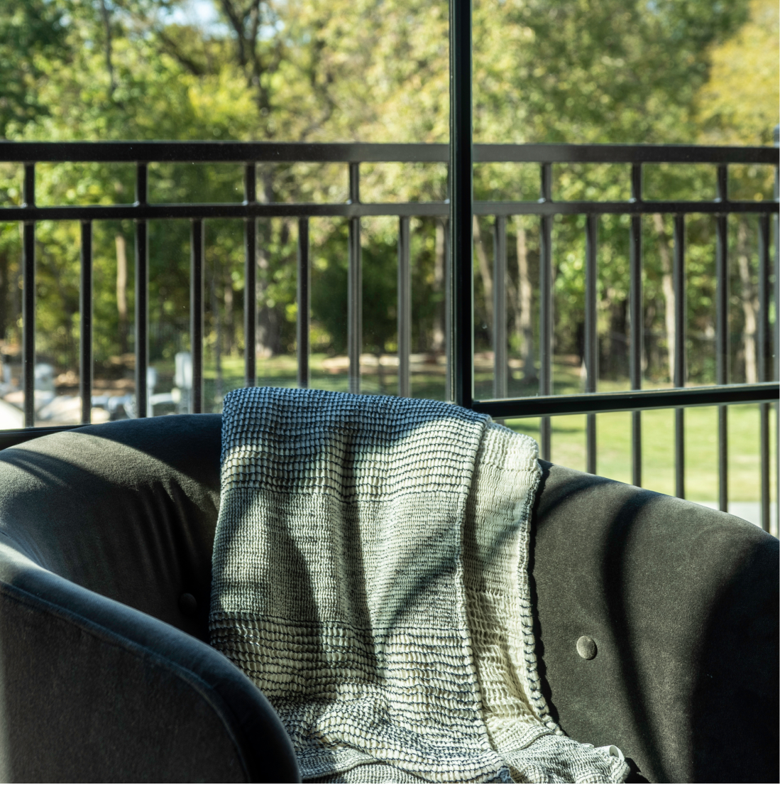 Textured throw draped across velvet chair, steel-frame windows, afternoon light