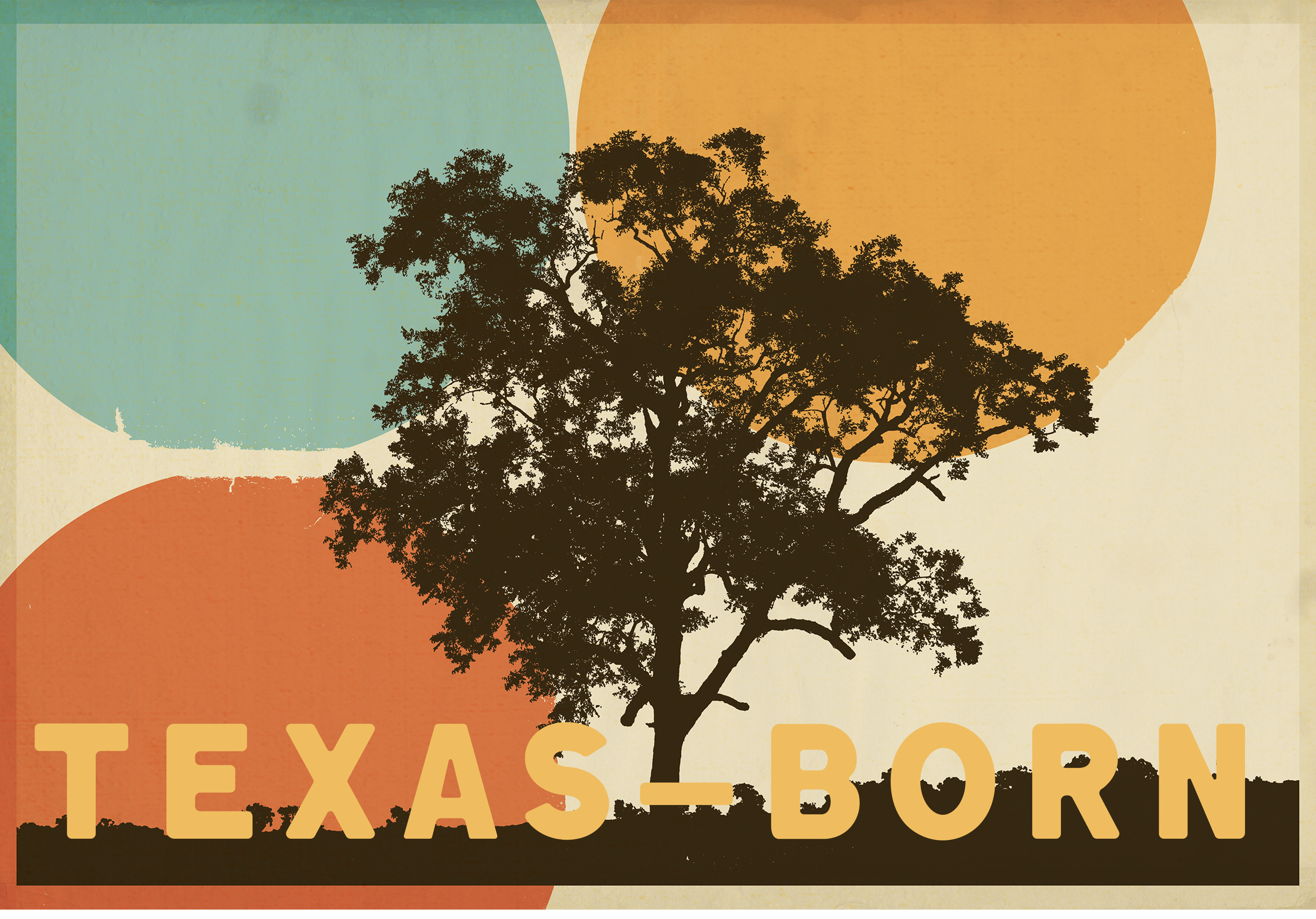 Hill Country Oakworks campaign poster, oak silhouette against teal-orange-red color blocked sky in mid-century print style