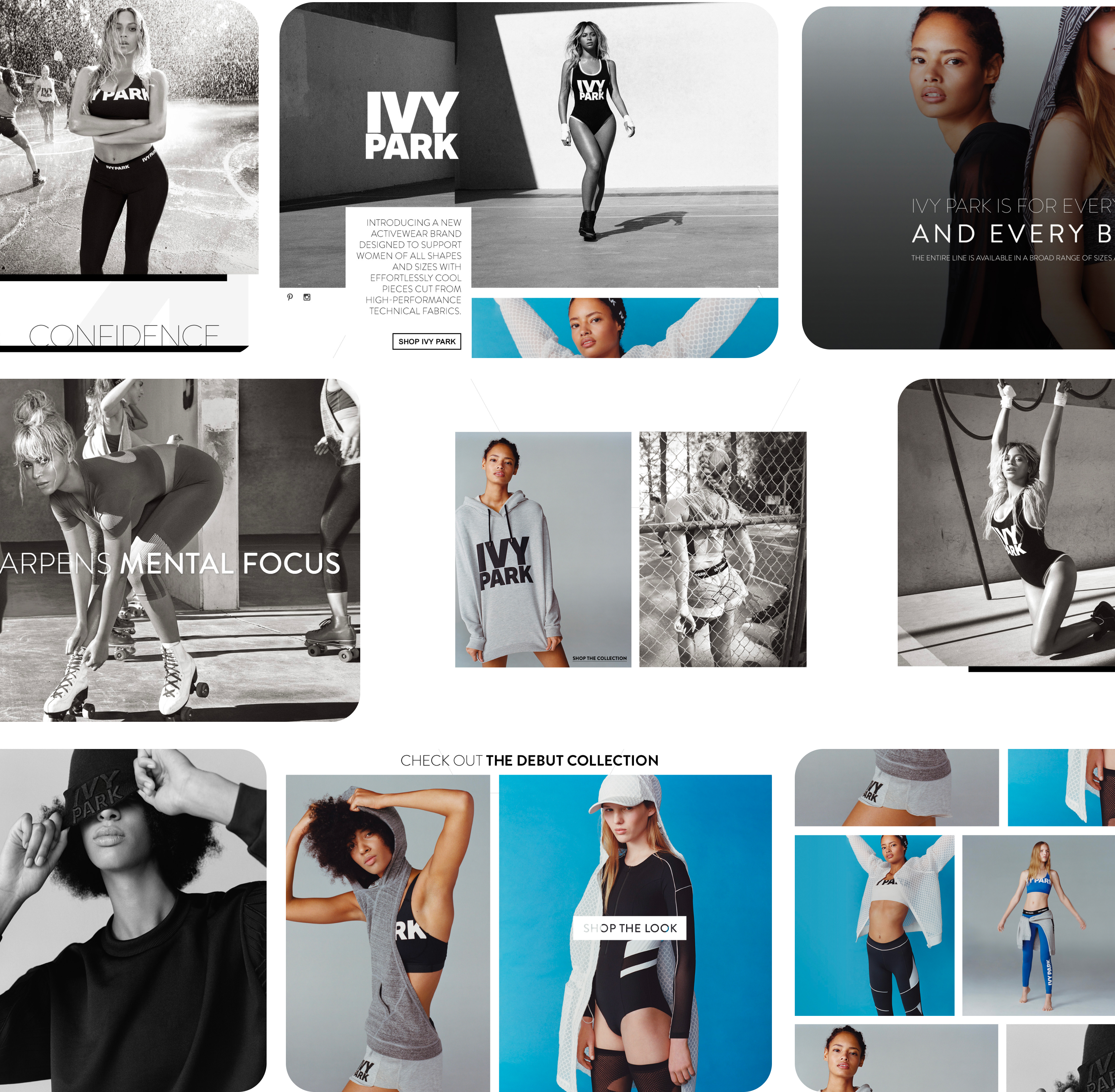 Ivy Park campaign assets grid: brand experience, emails, social, product photography, editorial