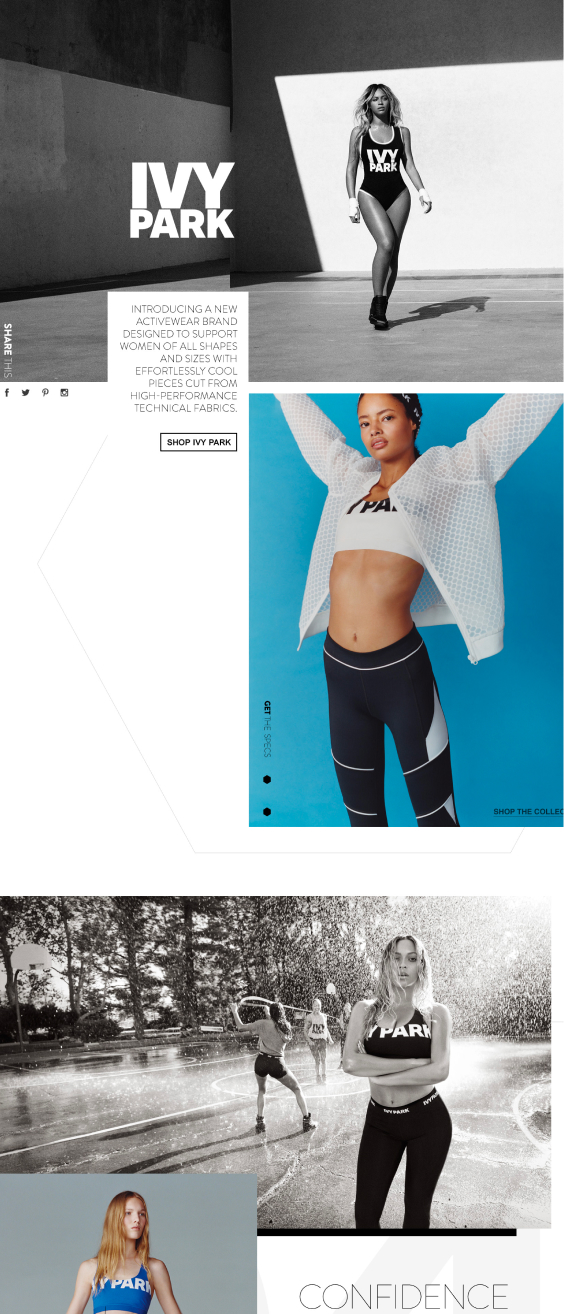 Ivy Park brand experience, full page hero section and product grid