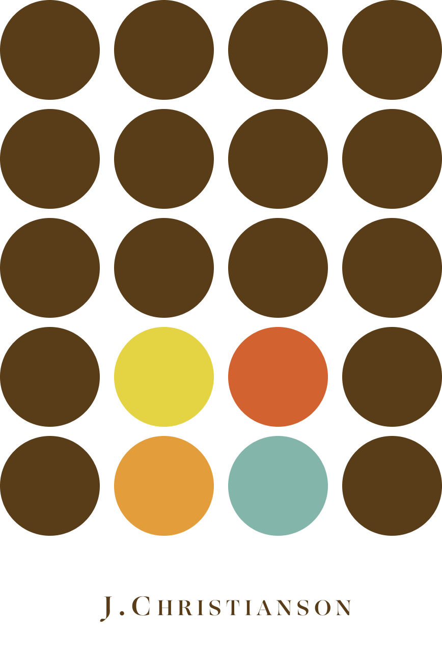 J. Christianson dot grid pattern, brown with yellow, orange, red, teal accents