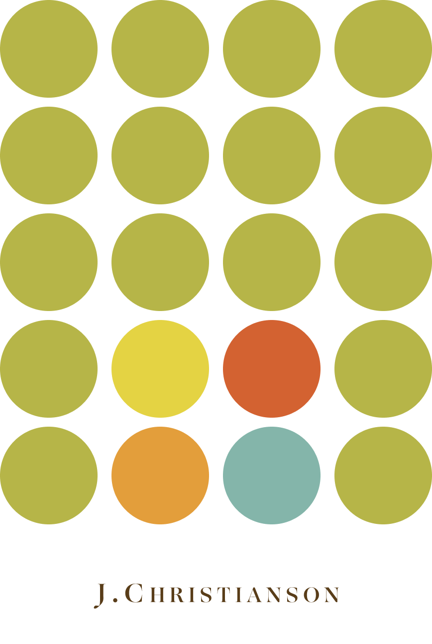 J. Christianson dot grid pattern, olive with yellow, orange, red, teal accents