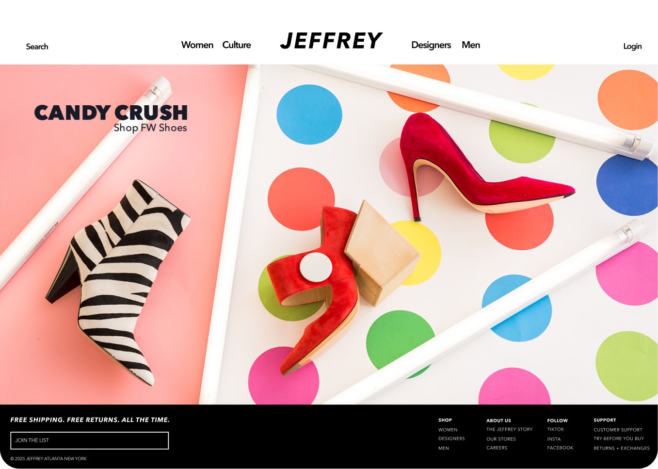 Jeffrey New York homepage, Candy Crush fall shoes on a polka-dot set
