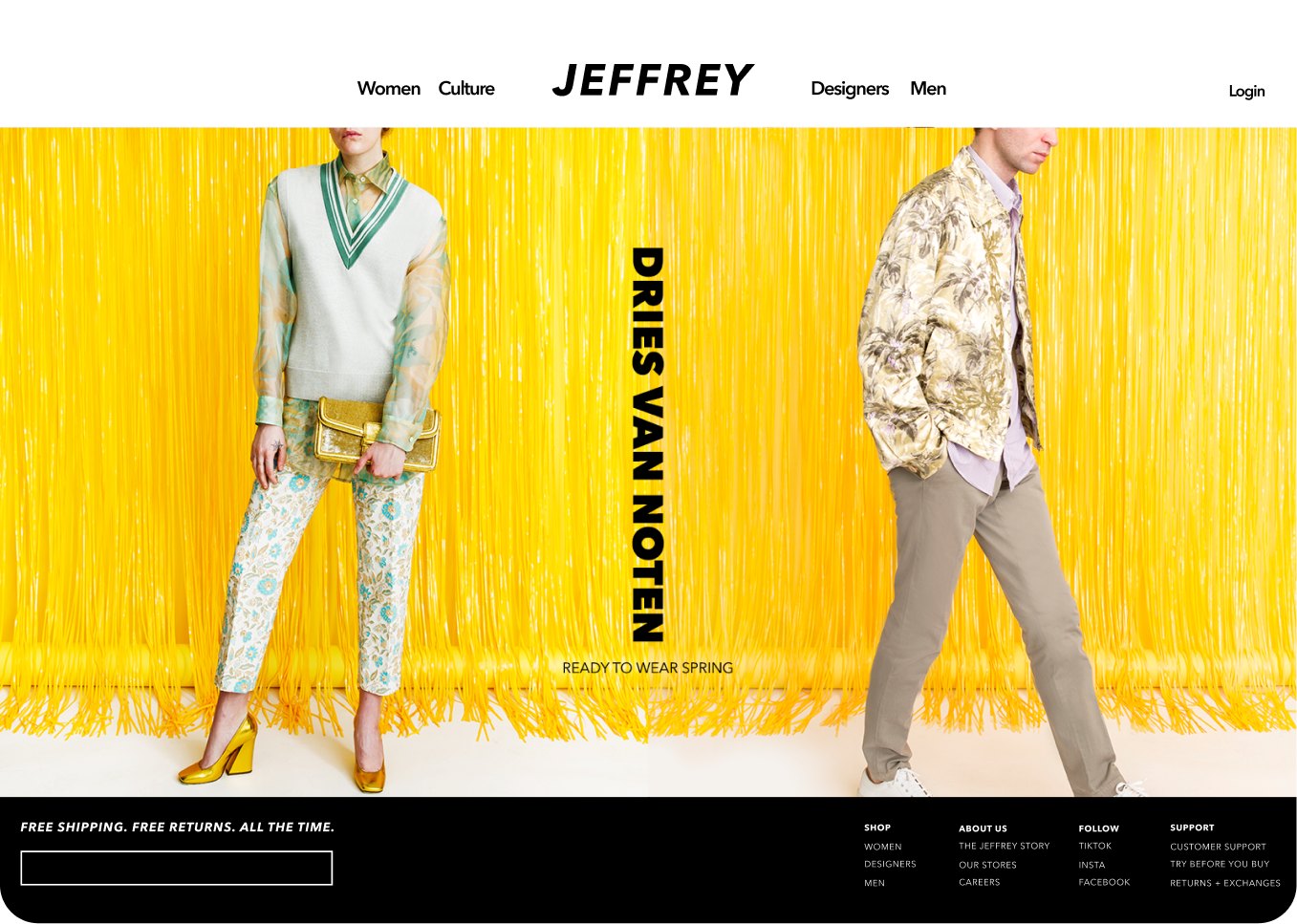 Jeffrey New York homepage, Dries Van Noten ready-to-wear against a yellow fringe backdrop