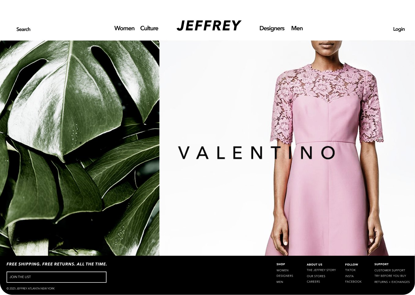 Jeffrey New York homepage, Valentino pink lace dress paired with monstera leaves