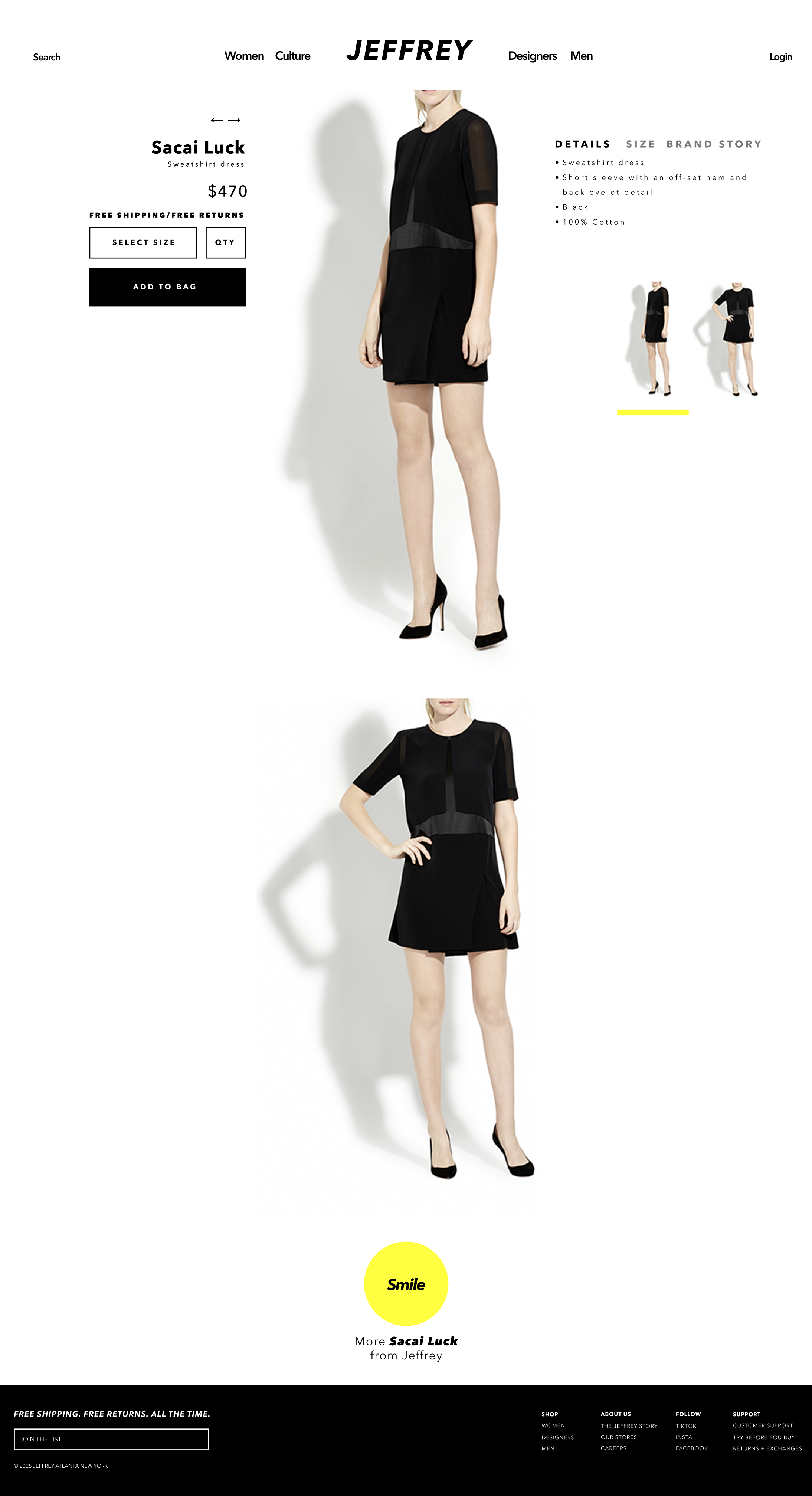 Jeffrey New York product detail page — large imagery, minimal chrome, curated cross-sells