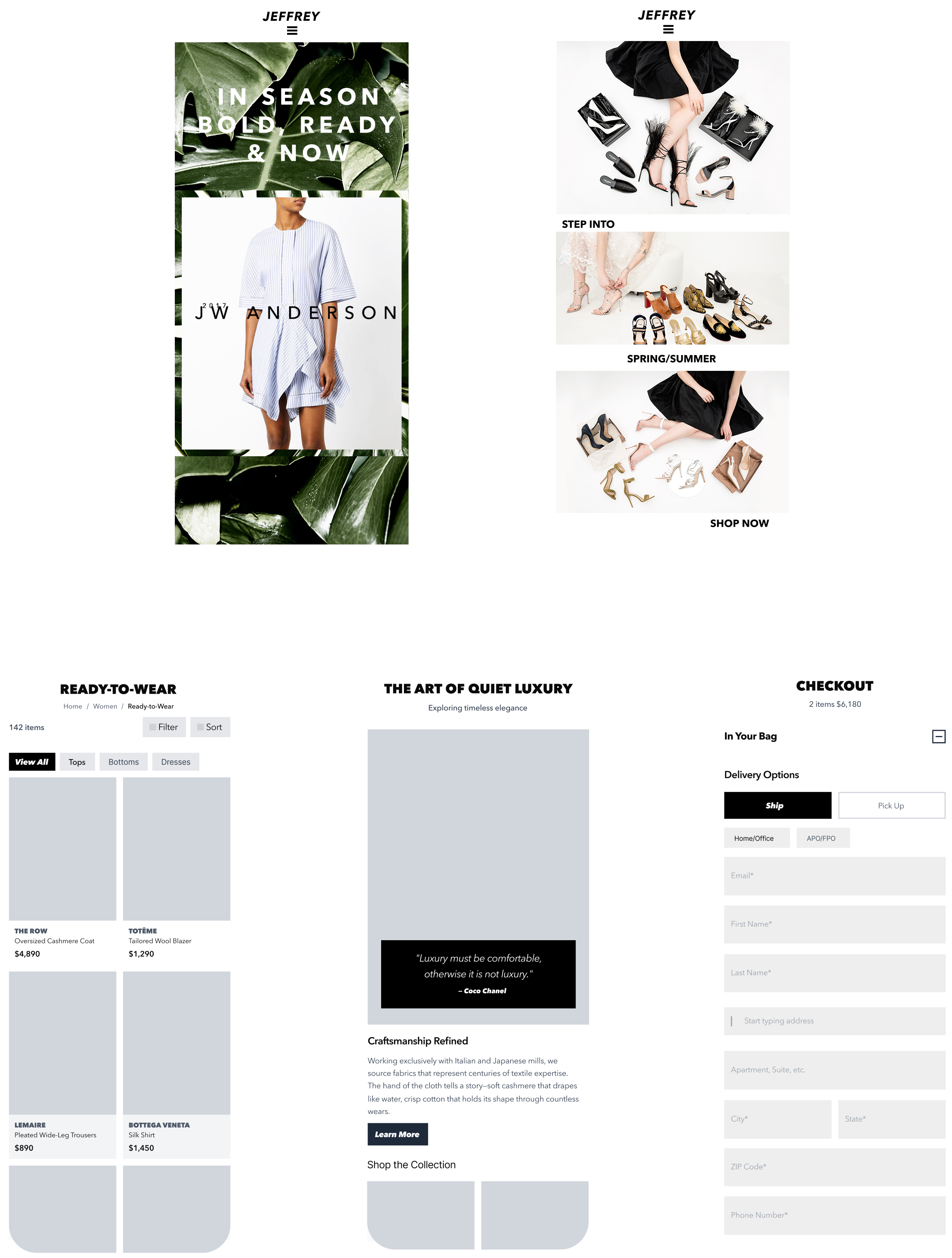 Jeffrey New York system spread — homepage, designer page, and product templates rendered together
