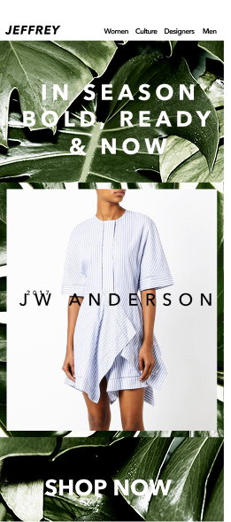 Jeffrey mobile template featuring the same JW Anderson dress with IN SEASON BOLD headline and SHOP NOW CTA, foliage frame intact at phone scale