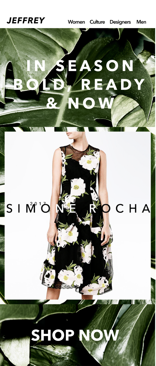 Jeffrey mobile template featuring the Simone Rocha dress with IN SEASON BOLD headline and SHOP NOW CTA, foliage frame intact at phone scale
