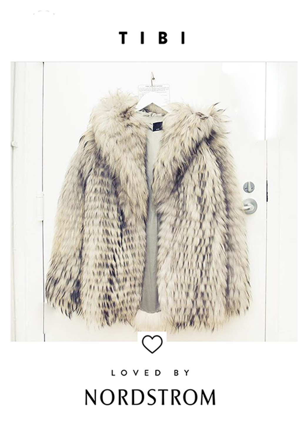 Loved by Nordstrom large format tile featuring TIBI faux fur coat on white door