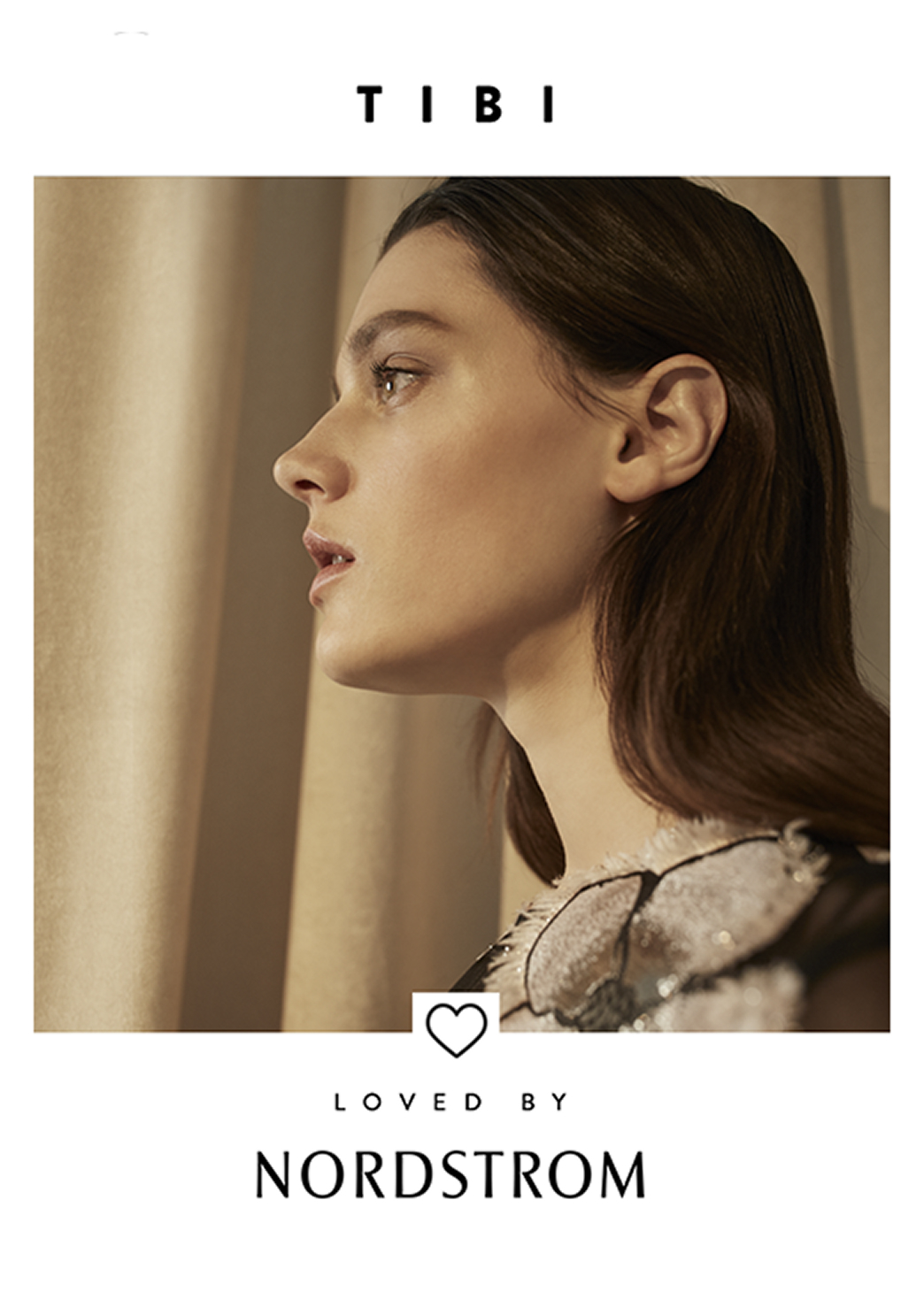 Loved by Nordstrom large format tile featuring TIBI, profile portrait with feathered detail