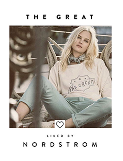 Liked by Nordstrom tile featuring The Great, model on boat in graphic sweatshirt