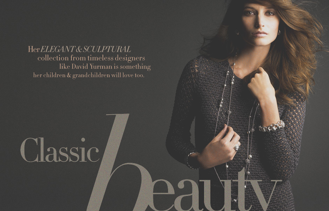 Neiman Marcus InSite, Classic Beauty spread with large italic script on dark gray