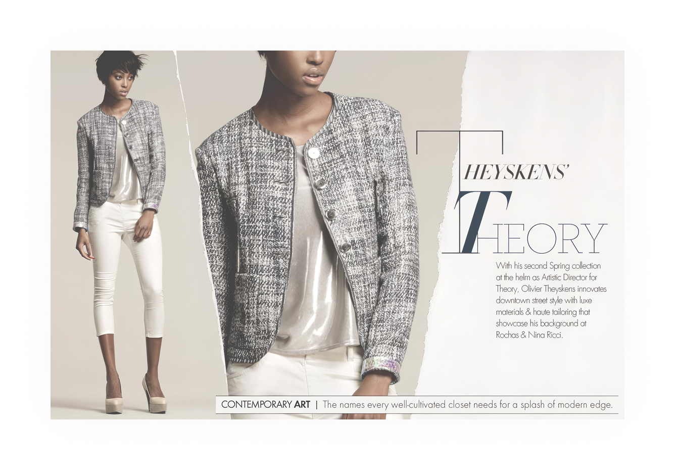 Neiman Marcus InSite, Theyskens Theory designer spotlight spread with tweed jacket