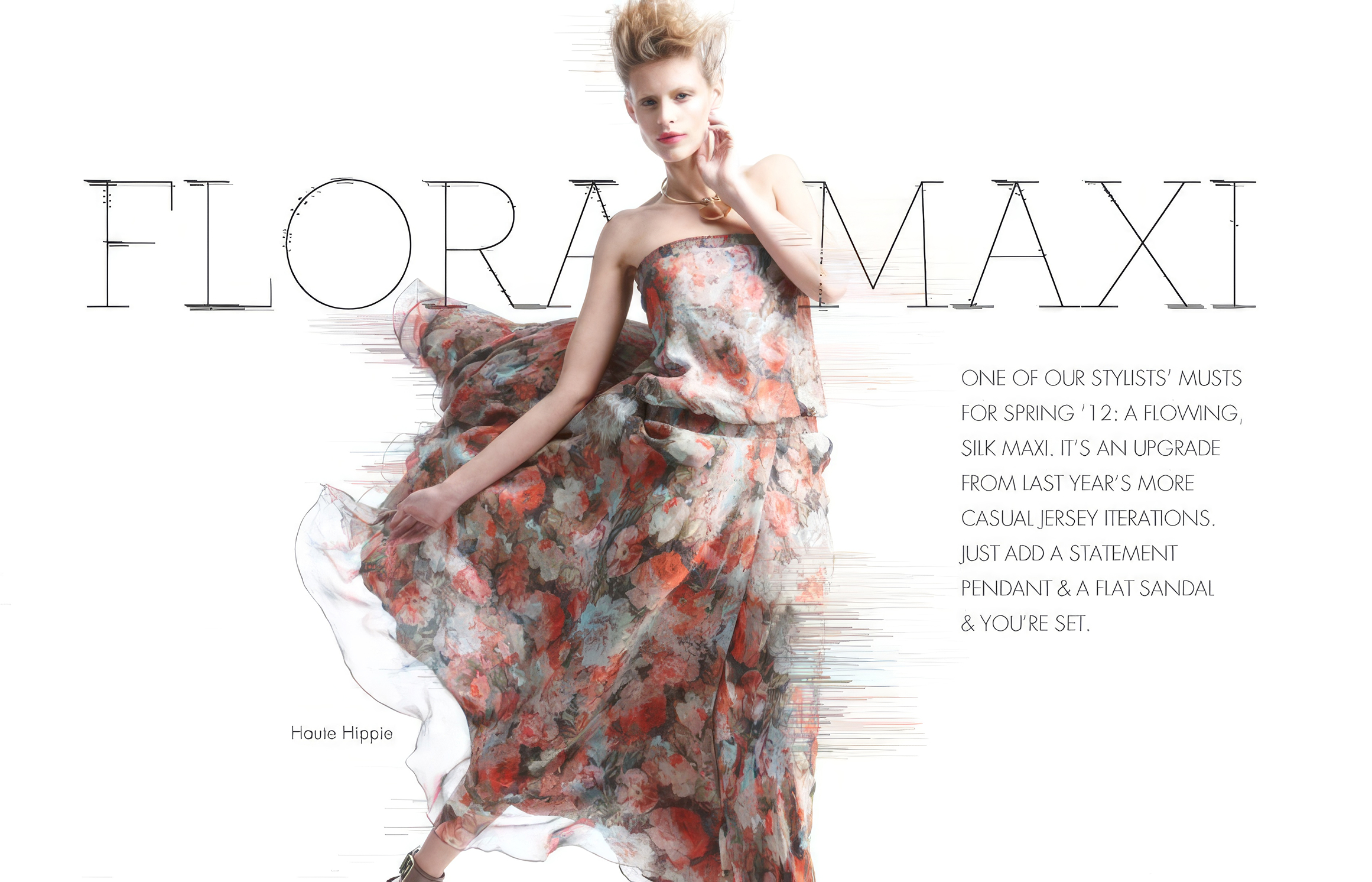 Neiman Marcus InSite, Flora Maxi editorial with outline type arching over floral dress