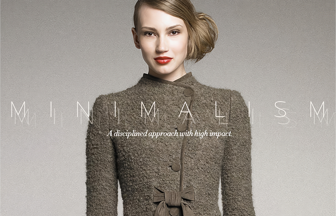 Neiman Marcus InSite, Minimalism spread with delicate outline type dissolving behind gray coat