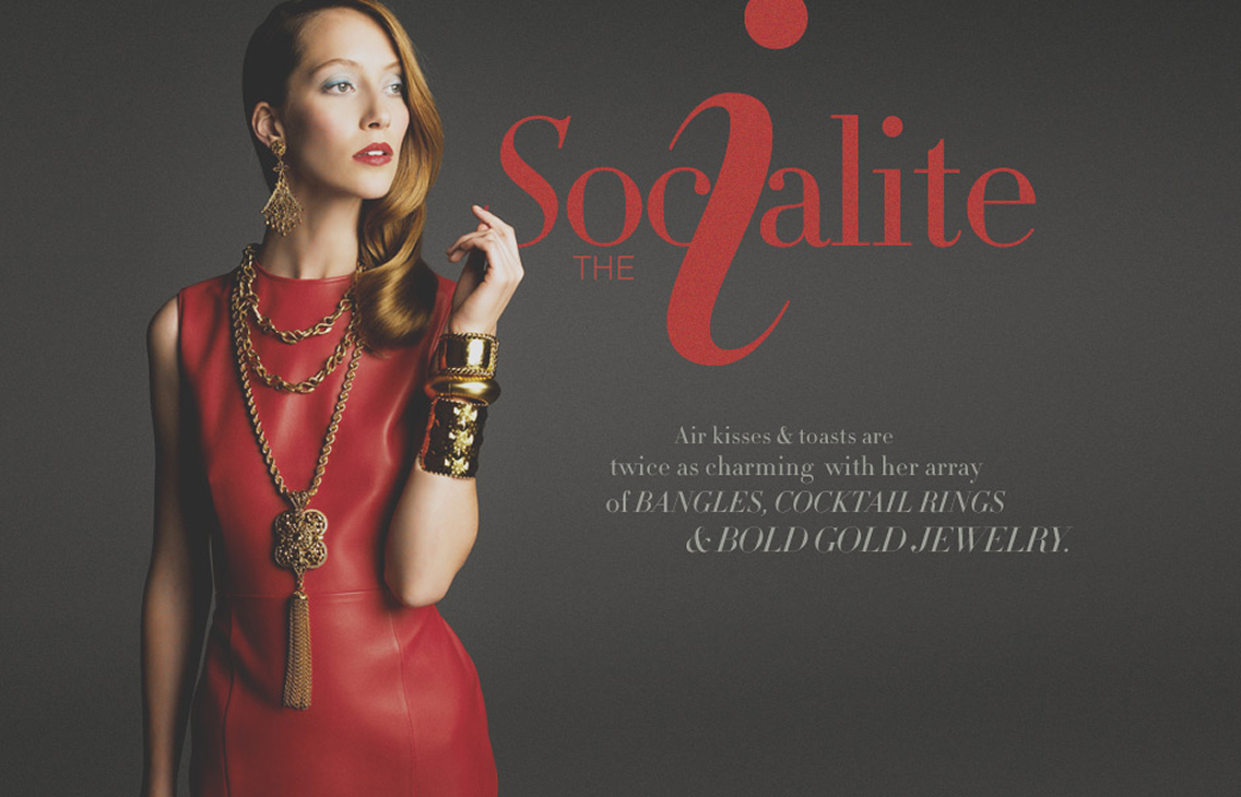 Neiman Marcus InSite, The Socialite spread with red leather dress and gold serif typography