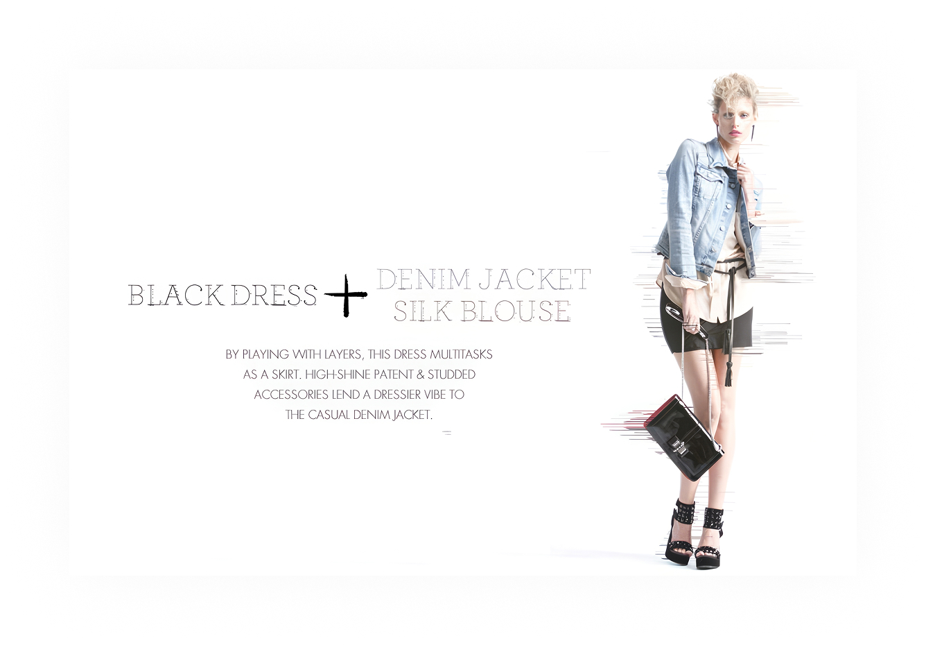 Neiman Marcus InSite, Black Dress plus Denim Jacket styling with speed lines