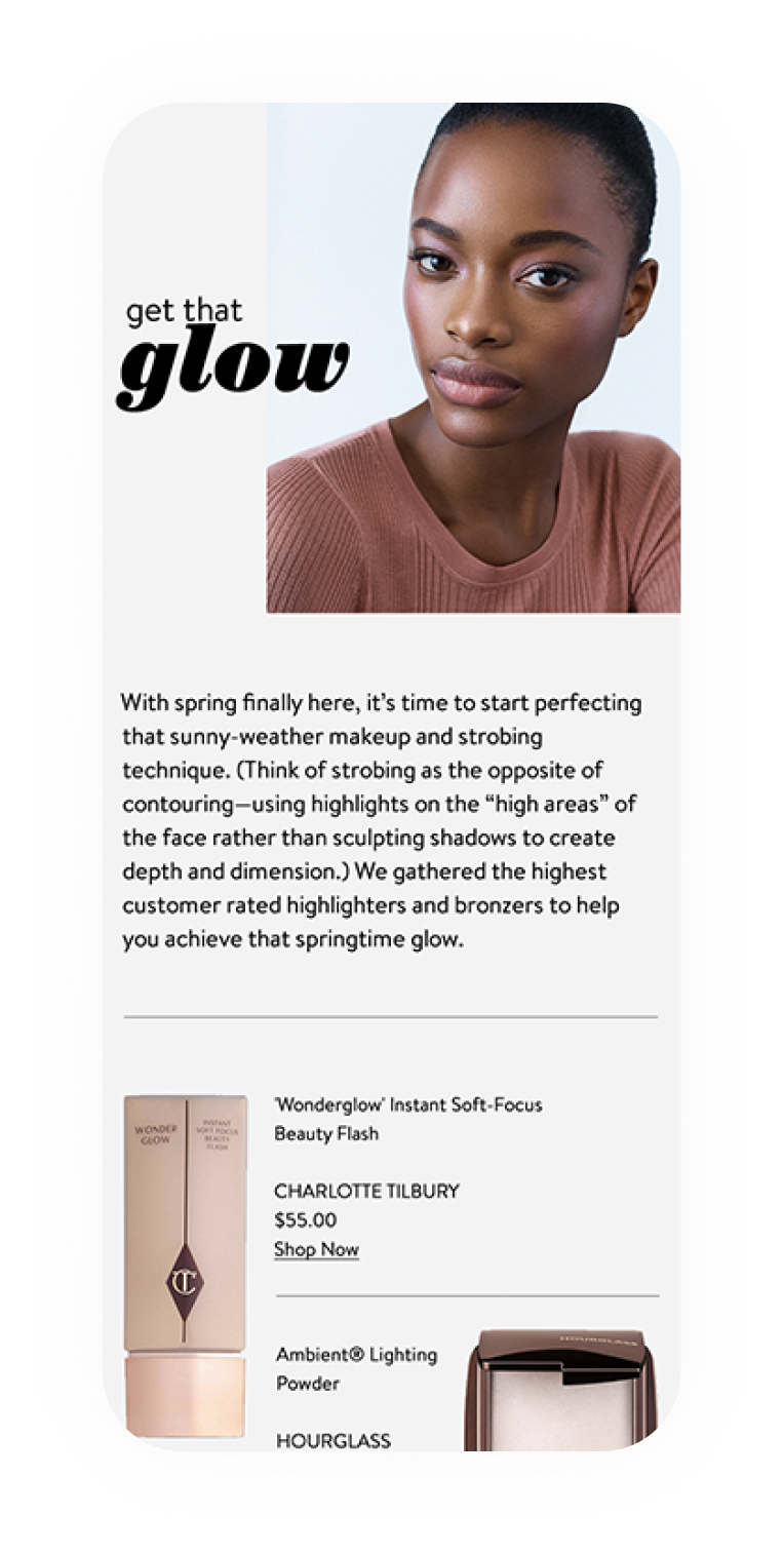Get That Glow story mobile, editorial layout with model and copy