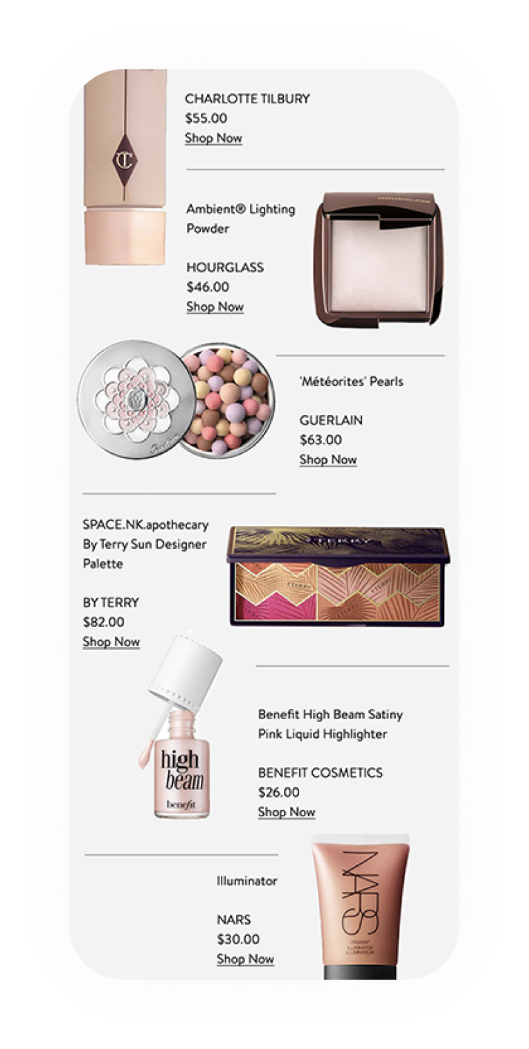 Get That Glow story mobile, shoppable product grid with pricing