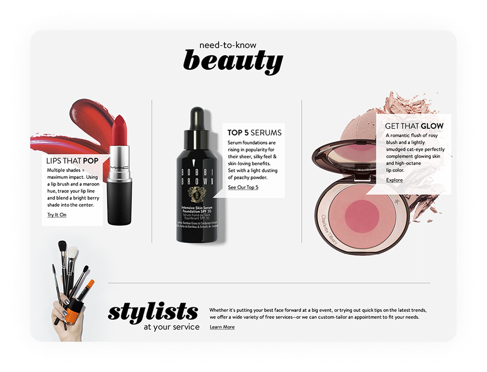 Nordstrom Beauty hub desktop, three editorial story cards with product imagery