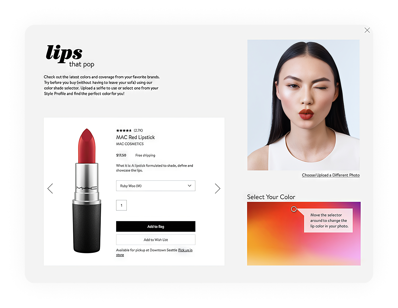 Nordstrom Beauty Lips That Pop desktop experience with virtual try-on tool and product detail