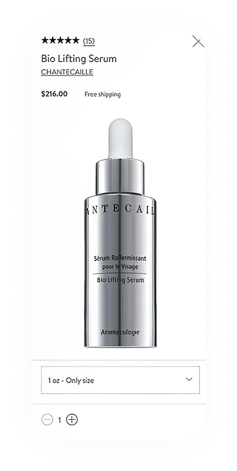 Product detail drawer mobile, Bio Lifting Serum with pricing and add to bag
