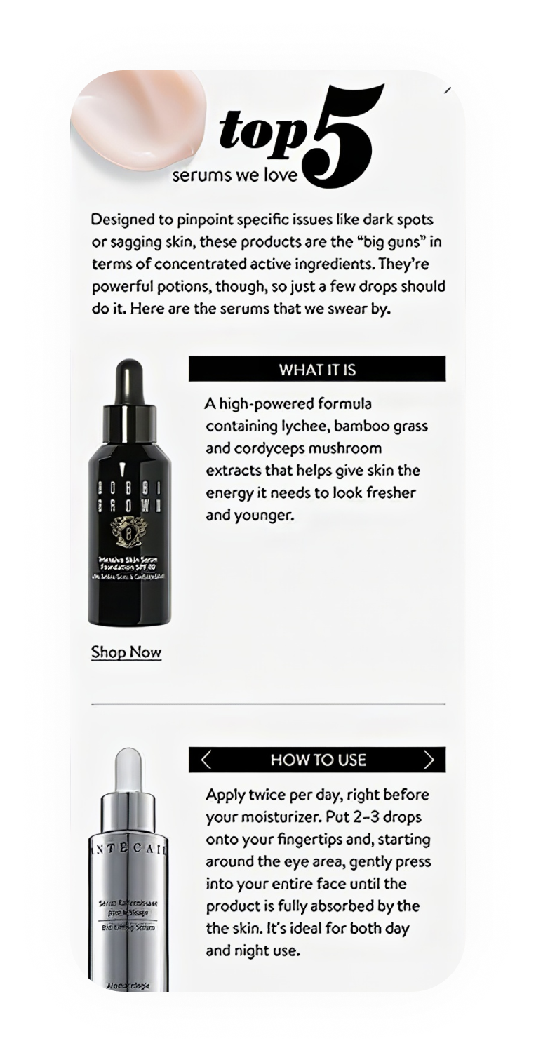 Top 5 Serums story mobile, editorial with product details and how-to-use