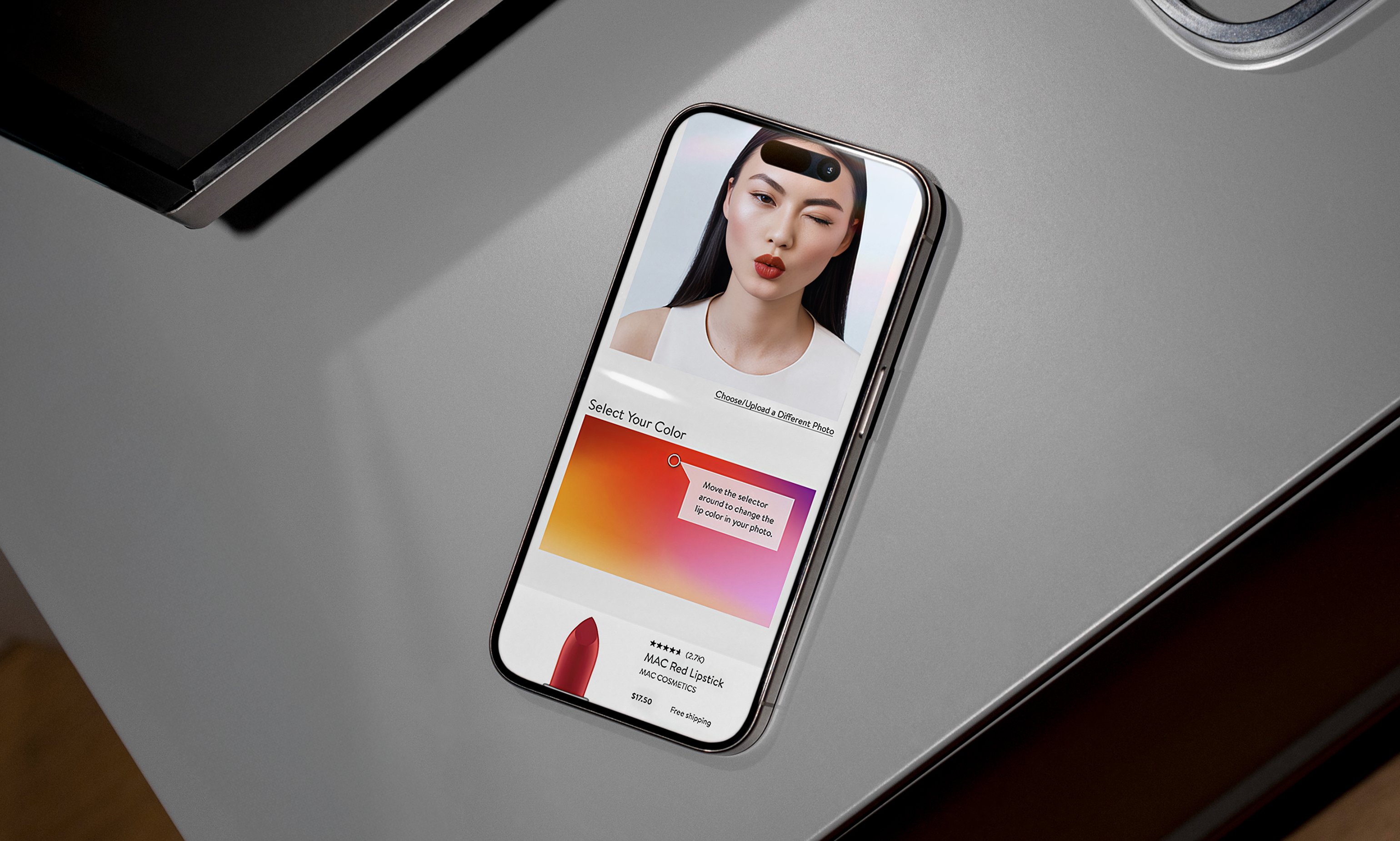 Nordstrom Beauty virtual try-on tool on iPhone, color gradient selector, lipstick preview