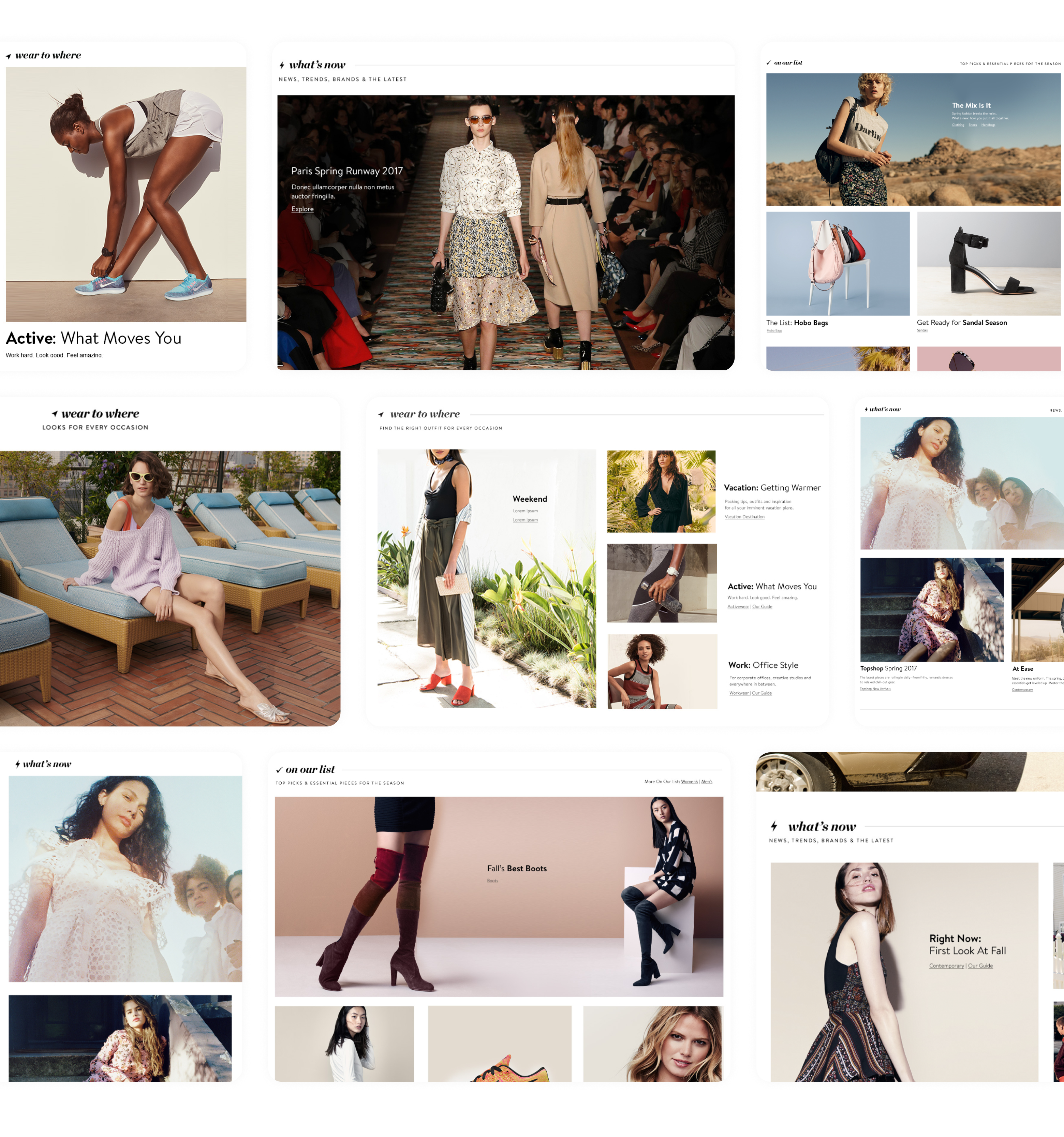 Nordstrom Content Framework applied across a full vertical landing page, lockups and category icons anchoring each module