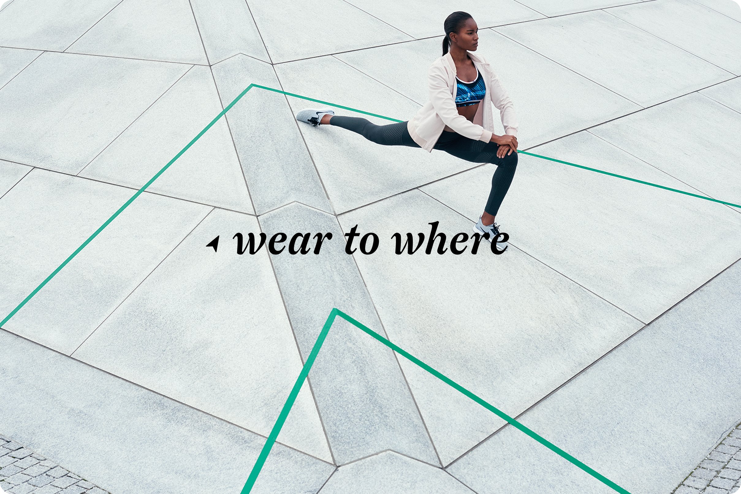 Wear to Where lockup, custom typographic mark with a cursor over activewear photography