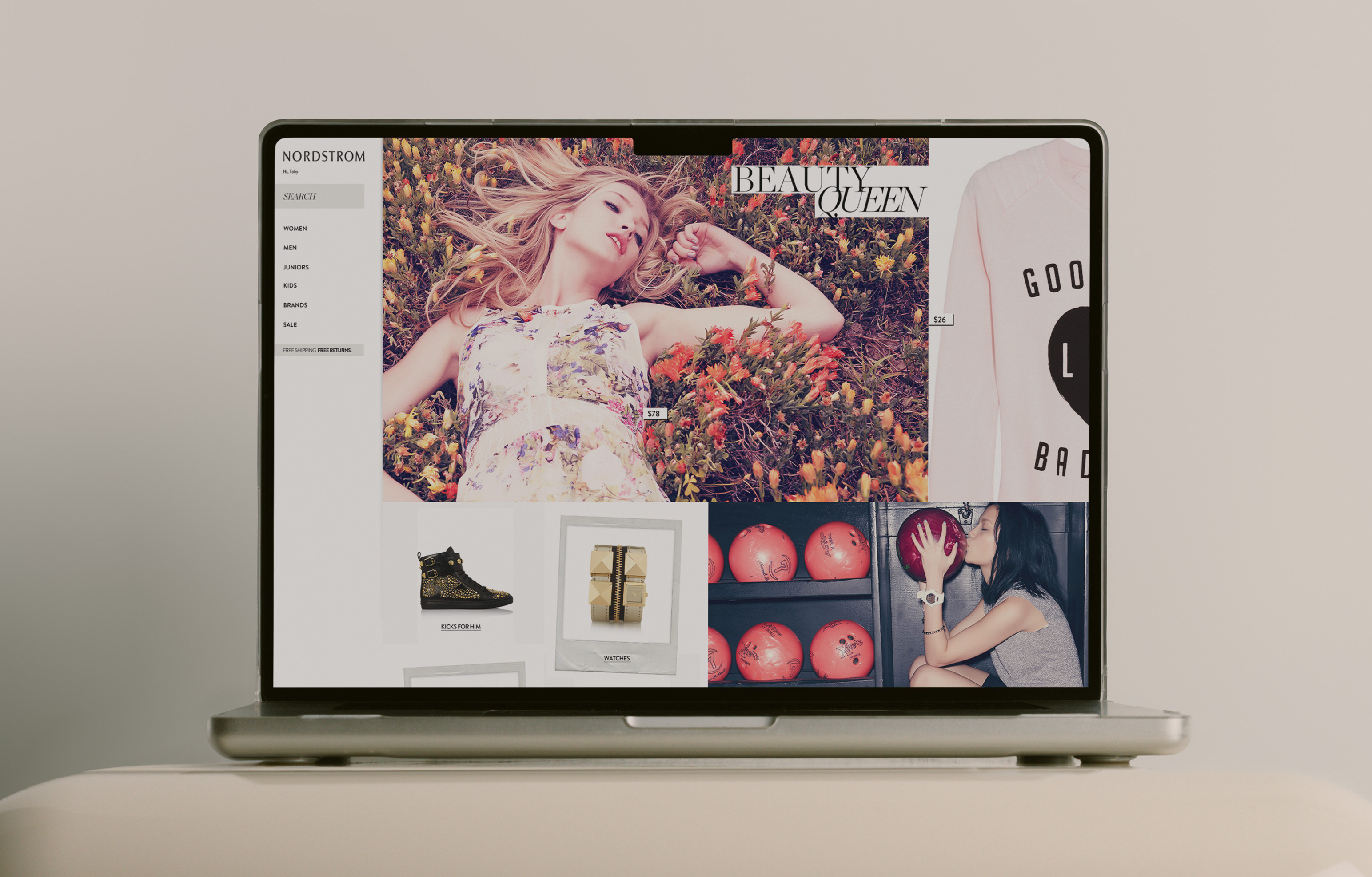 The personalized Nordstrom homepage open on a laptop, the Beauty Queen editorial running across the tile layout