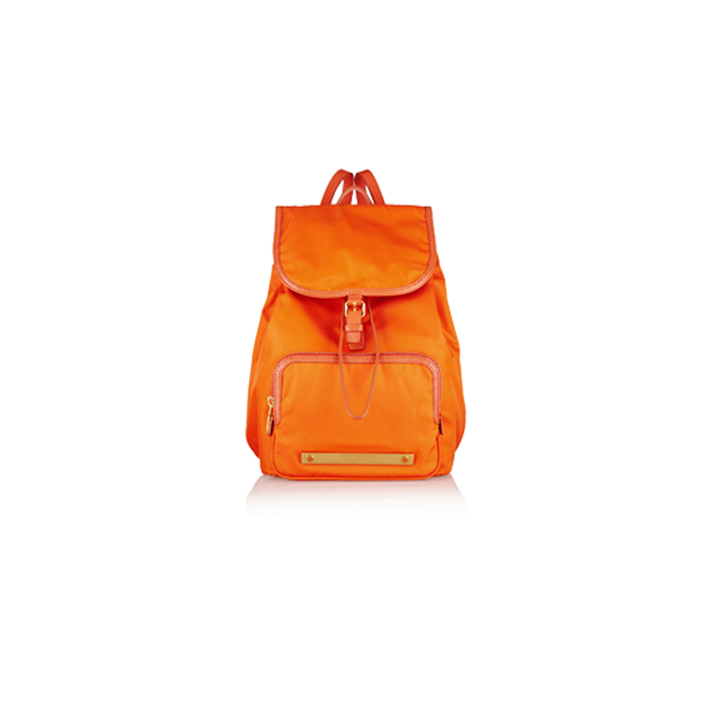 Orange nylon drawstring backpack on white background