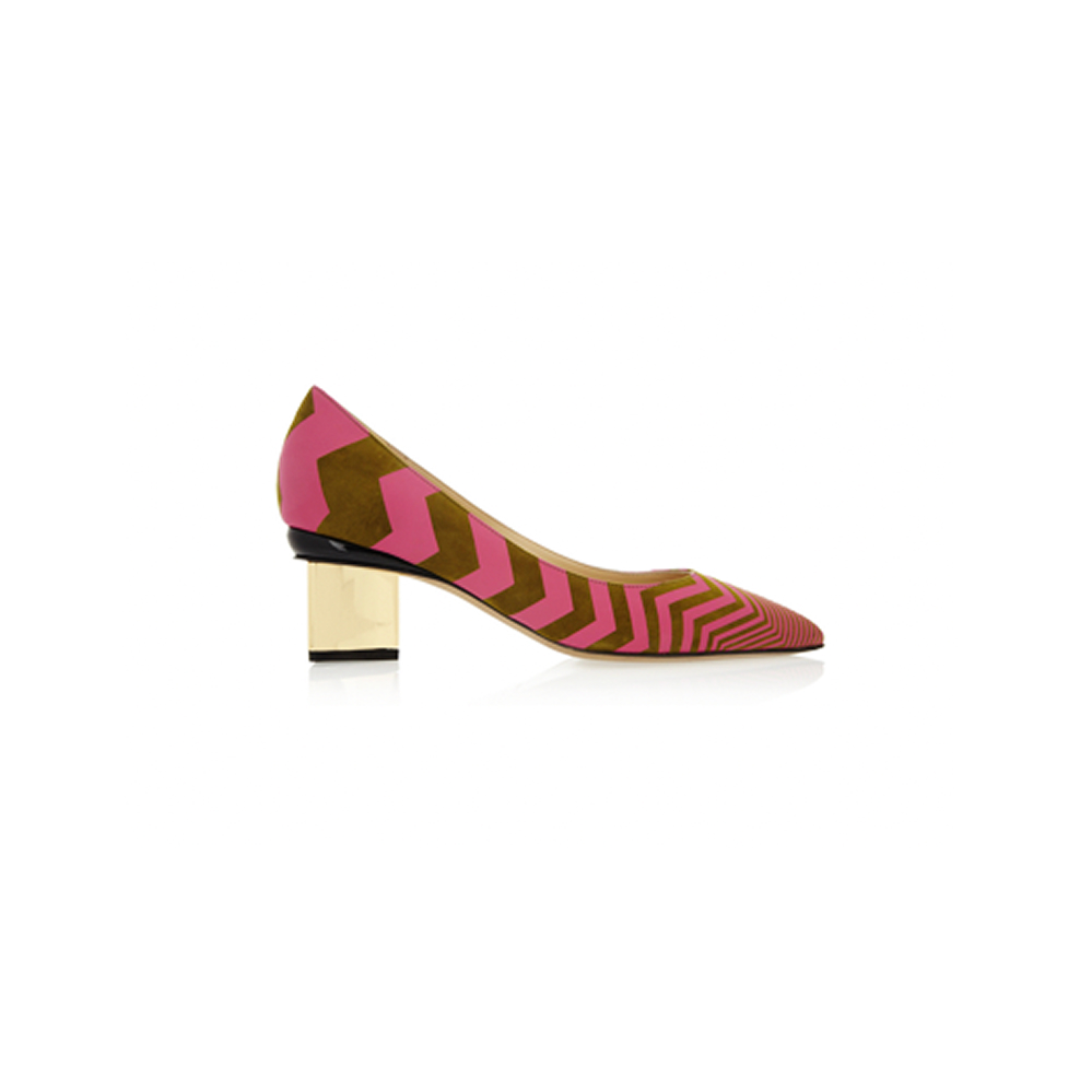Pink and olive chevron pattern block-heel pumps on white background
