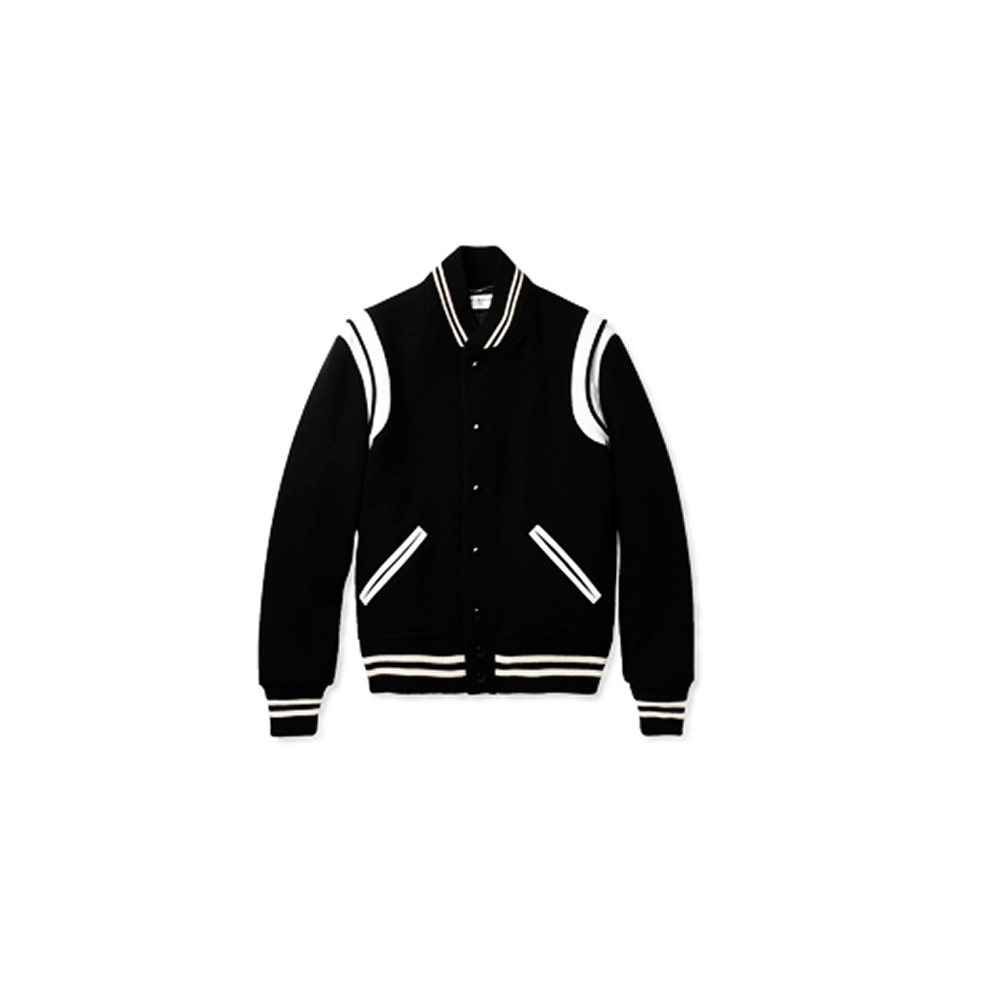 Saint Laurent black wool varsity jacket with white striped trim on white background