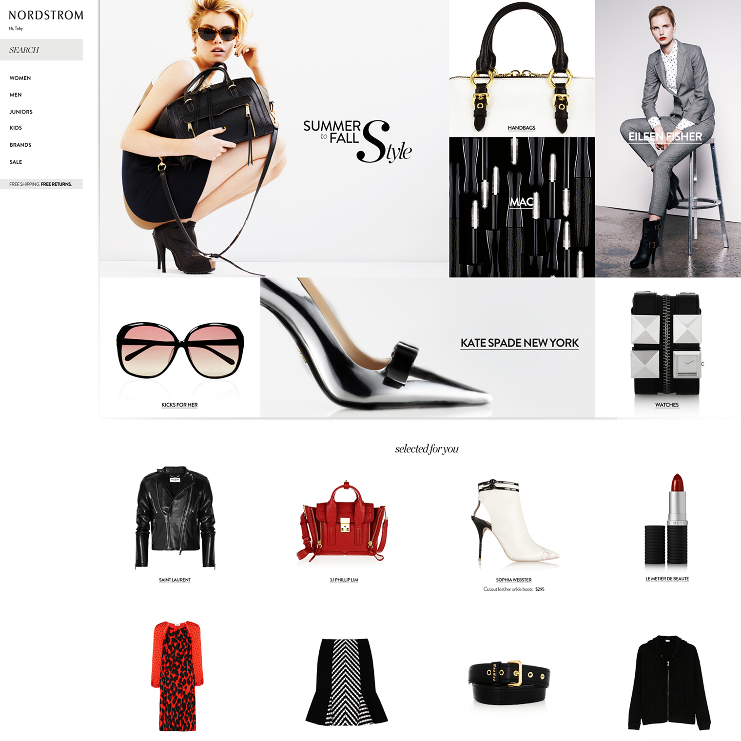 Nordstrom women's homepage for the designer-brand shopper, Summer to Fall Style editorial with Kate Spade pumps and selected for you product grid