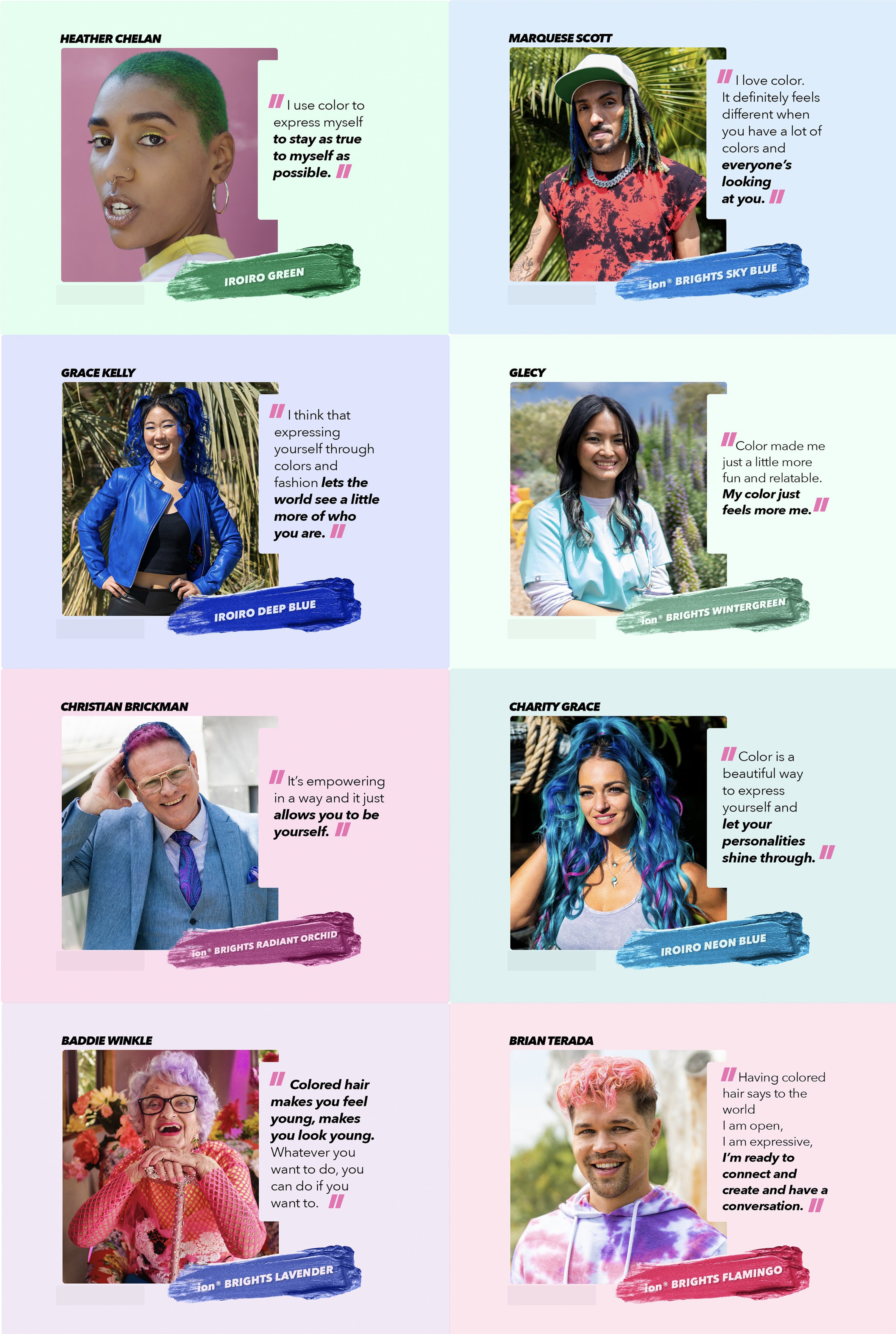 You By Sally cast portraits — real people paired with signature hair color shades on saturated backgrounds