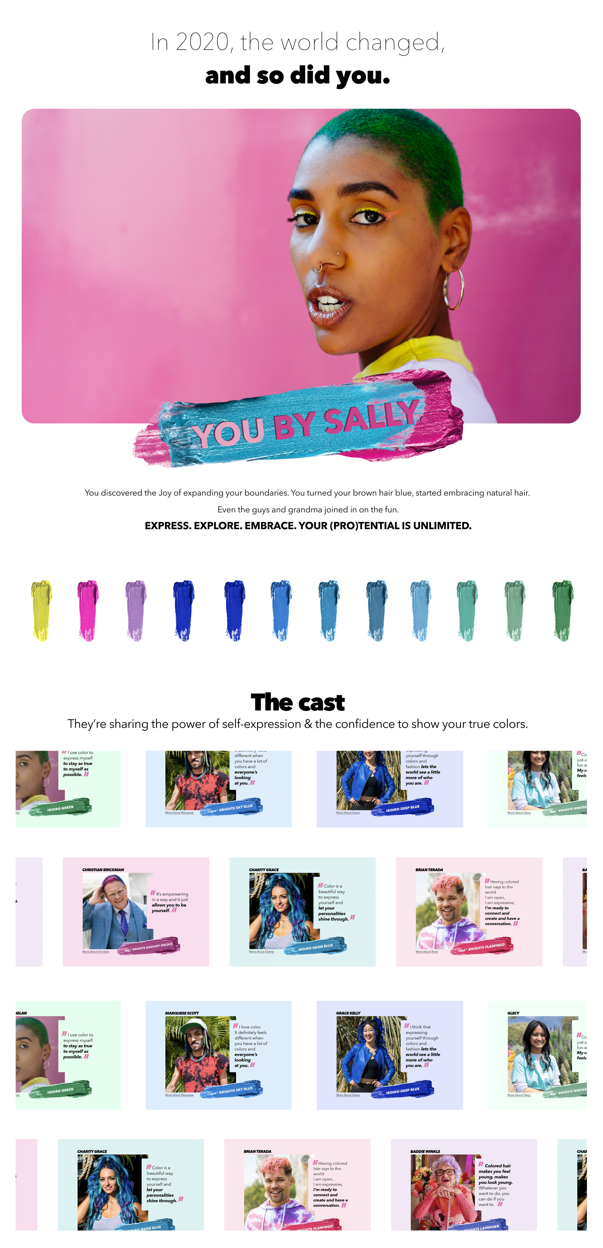 You By Sally swatch system on mobile — oversized color blocks in a clean grid
